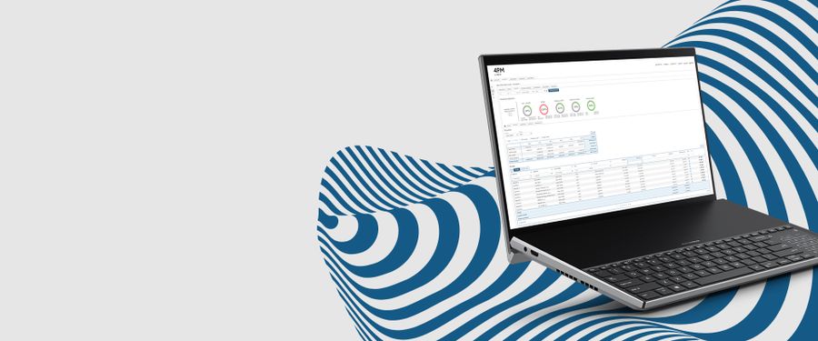 Laptop displaying a web application for efficient multi-project management with an abstract blue pattern in the background.