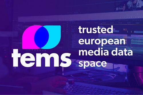 TEMS_project logo, purple, text in it trusted european media data space. A wide computer monitor in the background