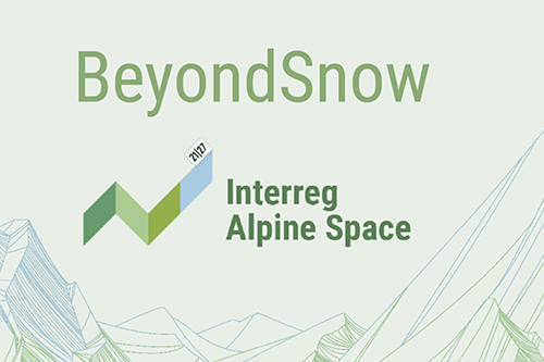 Beyond Snow logo, green text Beyond snow at the top, mountain sketches in the bottom. In the middle text Interreg Alpine Space with a logo - green graph-like graphic of a mountain.