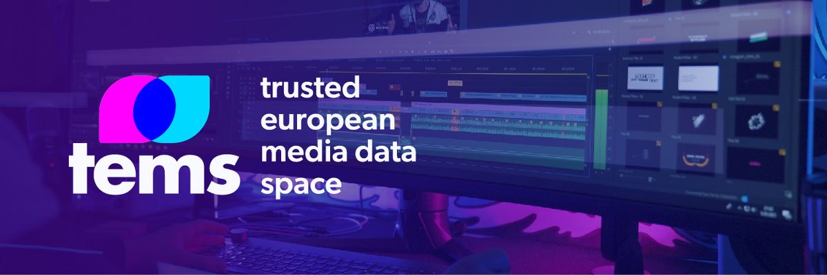 TEMS_project logo, purple, text in it trusted european media data space. A wide computer monitor in the background