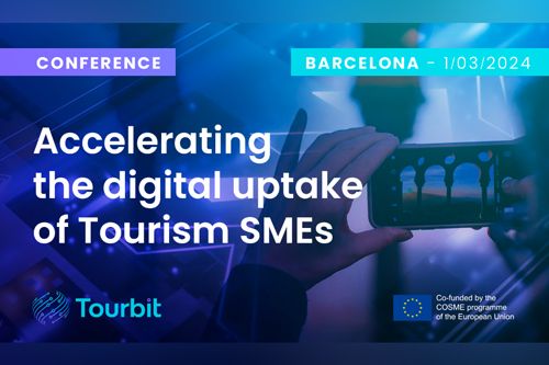 Text photo, on the top it says conference, Barcelona, in the middle Accelerating the digital uptake of Tourism SMEs. In the bottom it says Tourbit and funded by the European Union